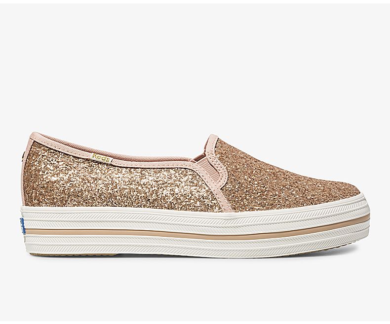 Keds Womens Rose Gold Slip On Shoes - Keds X Kate Spade New York Triple Decker Glitter 167ENMYDU